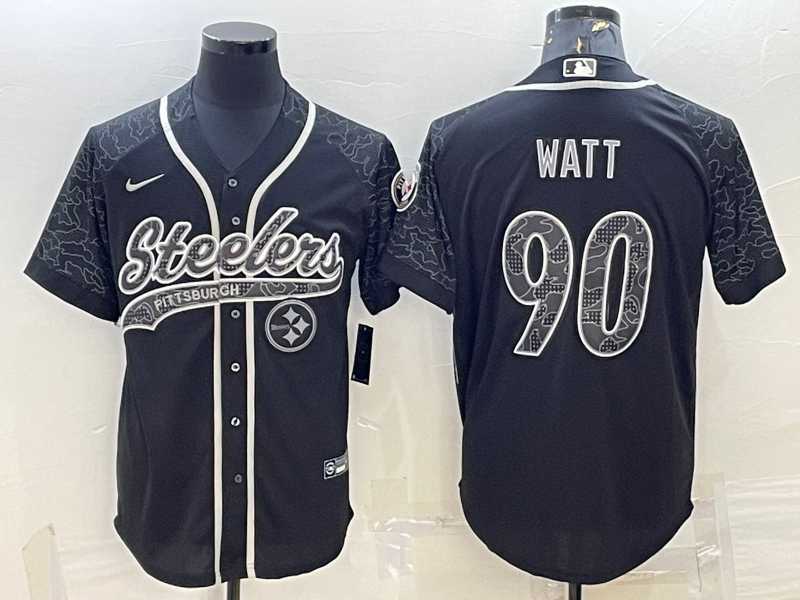 Mens Pittsburgh Steelers #90 TJ Watt Black Reflective With Patch Cool Base Stitched Baseball Jersey